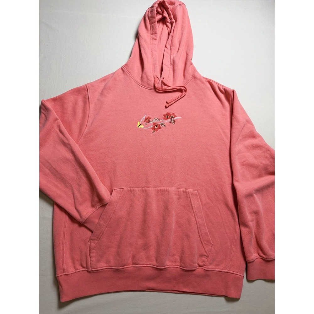 Nike Womens Hoodie Sweatshirt L Peachy Orange Floral Embroidered Swoosh Cotton
